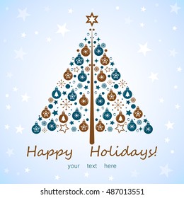 Stylized design Christmas tree with Xmas toys, balls, stars and snowflakes. Greeting card. Stock vector. Merry Christmas!