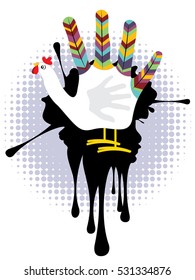 Stylized design of cute hand print chicken, rooster or hen.