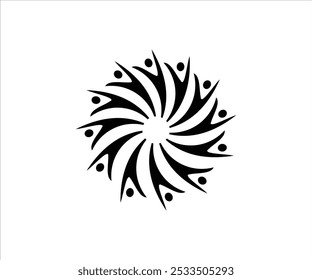 A stylized design featuring abstract figures in a circular pattern, symbolizing unity and community.