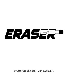 A stylized design featuring bold black text with a creatively integrated eraser element on a white background.