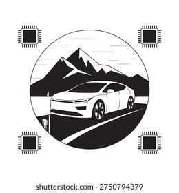 A stylized design featuring a white electric car before mountains encircled by microchip icons high quality professional