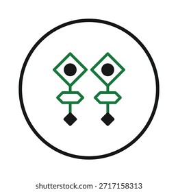 Un diseño estilizado de un par de pendientes, con Formas geométricas con detalles en verde esmeralda. La pieza moderna y elegante sugiere un gusto refinado y un toque artístico. Un Vector minimalista