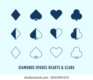 Stylized Designs of Playing Card Suits Featuring Diamonds, Hearts, Spades, and Clubs