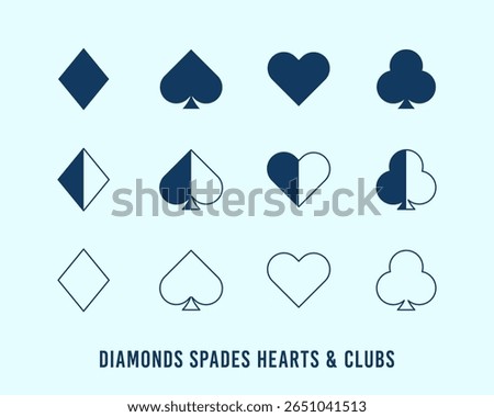 Stylized Designs of Playing Card Suits Featuring Diamonds, Hearts, Spades, and Clubs