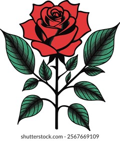 A stylized, detailed illustration of a single red rose with dark green leaves