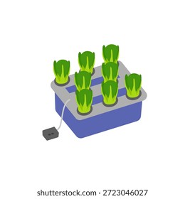 Stylized DFT hydroponic setup with bok choy growing in water-based system. Ideal for urban farming, sustainable agriculture, and educational visuals on modern plant cultivation.