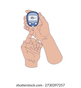 Stylisierter Diabetes-Check mit einem Blutzuckermessgerät im Flachkunststil. Ideal für Gesundheitserziehung, Kampagnen zur Sensibilisierung für Diabetes, medizinische Infografiken und digitale Inhalte im Zusammenhang mit Bluttests.