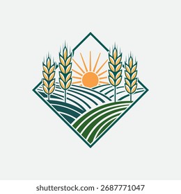 Emblema de diamante estilizado con tallos de trigo, campos ondulados y un sol radiante, que simboliza la agricultura y la cosecha.