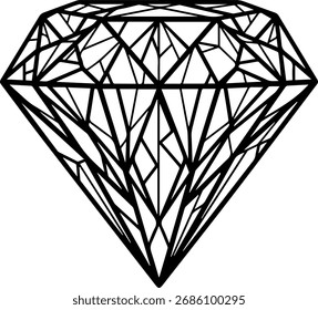 Una ilustración de diamante estilizada que presenta una compleja red de líneas negras que forman facetas geométricas, creando un diseño moderno y abstracto.