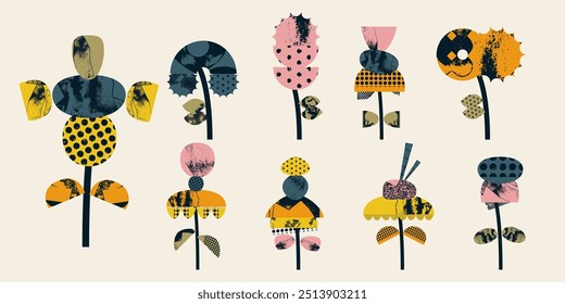 Stylized different textured pink, yellow, red, blue, orange flowers geometric style. Colorful vector print, postcard, illustration, design elements 