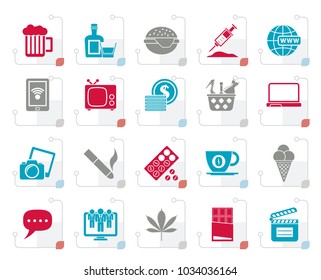 Stylized different types of Addictions icons - vector icon set