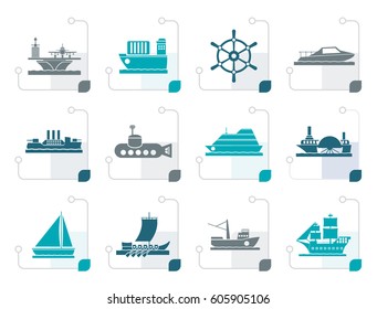 Stylized different types of boat and ship icons - Vector icon set