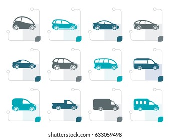 Stylized different types of cars icons - Vector icon set