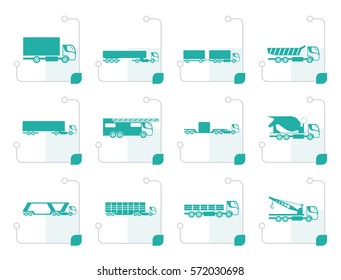 Stylized different types of trucks and lorries icons - Vector icon set