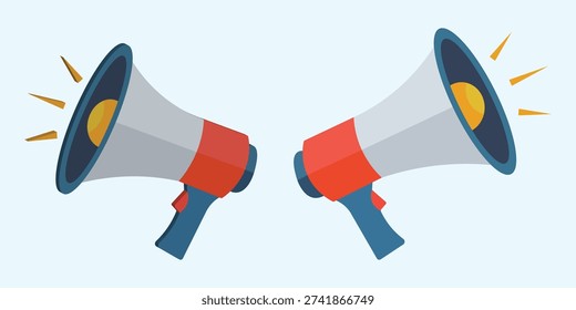 A stylized digital artwork featuring two megaphones with red and blue accents and yellow interiors, emitting energetic orange sound waves
