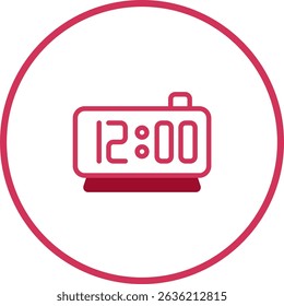 Stylized digital clock illustration displaying the time 12:00 in a modern design
