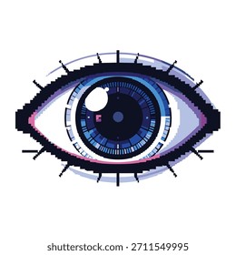 Un ojo digital estilizado renderizado en pixel art, con un iris azul vibrante y un contorno pixelado distinto, que representa la tecnología y la visión.