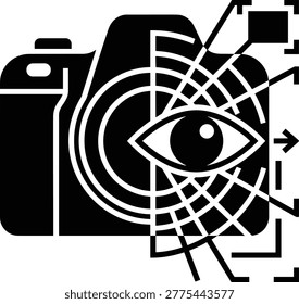 A stylized digital icon featuring a camera outline combined with a human eye representing photography and vision technology
