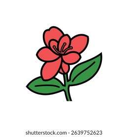 A stylized digital illustration features a red flower with black outlines and green leaves attached to a stem, set against a white backdrop, simple design.