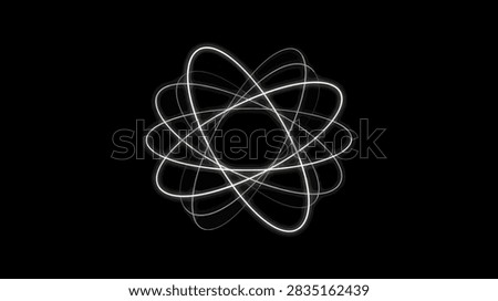 A stylized digital illustration featuring intersecting luminous white elliptical rings arranged in a complex symmetrical pattern against a dark background
