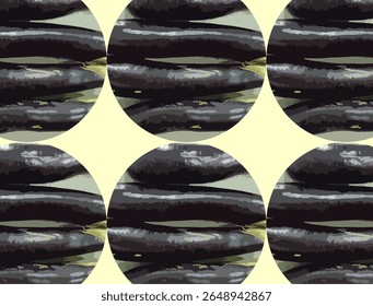Stylized digital illustration of glossy eggplants arranged in repeating circular patterns over a soft yellow background. This creative vegetable-themed design blends realism and abstraction, perfect