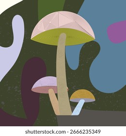 A stylized digital illustration of a group of three mushrooms of varying sizes, set against an abstract, multi-colored background with organic, flowing shapes.