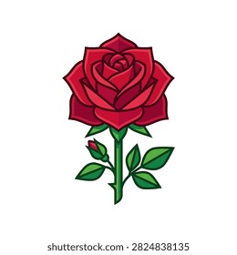 A stylized digital illustration of a single blooming red rose with green foliage and a tiny bud, isolated on a clean white background