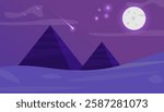A stylized digital illustration of two pyramids under a purple night sky. The scene features a bright full moon, twinkling stars, and a glowing shooting star. The desert landscape is depicted in shade