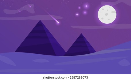 A stylized digital illustration of two pyramids under a purple night sky. The scene features a bright full moon, twinkling stars, and a glowing shooting star. The desert landscape is depicted in shade