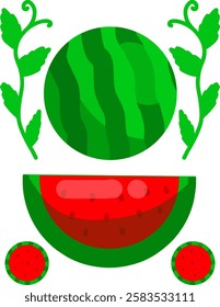 A stylized digital illustration of a watermelon with leaves