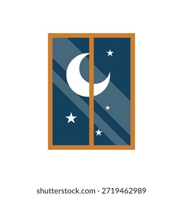 Una ilustración digital estilizada de una ventana con una vista del cielo nocturno, con una luna creciente y estrellas sobre un fondo azul oscuro, enmarcado en naranja. La Imagen es una representación serena y pacífica del mundo celestial exterior, invitando al espectador a contemplar las estrellas.