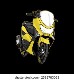 A stylized digital illustration of a yellow Yamaha NMAX scooter against a black background. Bold outlines and a cartoonish aesthetic highlight its features.