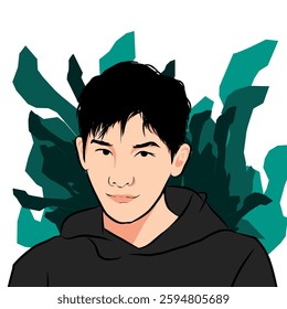 Stylized digital illustration of a young man in a black hoodie with abstract green foliage background. Modern and minimalist portrait art. 
