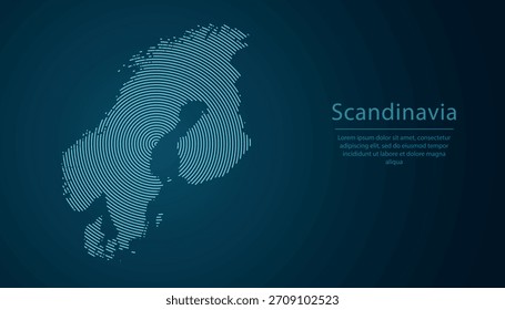 Mapa digital estilizado de Escandinavia creado con líneas azules concéntricas brillantes sobre fondo oscuro