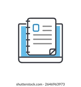 Stylized digital notebook on laptop screen. Flat vector style featuring clean lines and a simple visual design.