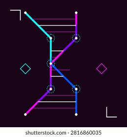 A stylized digital representation of a DNA double helix structured as a modern electronic circuit. Featuring vibrant neon blue and purple lines with white connecting nodes on a dark background. This minimalist tech graphic symbolizes biotechnology, genetic engineering, artificial intelligence, and digital medicine through clean geometric shapes and futuristic elements.