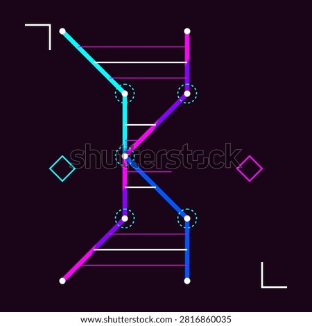 A stylized digital representation of a DNA double helix structured as a modern electronic circuit. Featuring vibrant neon blue and purple lines with white connecting nodes on a dark background. This minimalist tech graphic symbolizes biotechnology, genetic engineering, artificial intelligence, and digital medicine through clean geometric shapes and futuristic elements.