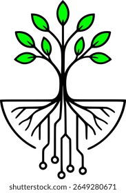 A stylized digital tree image has green leaves and circuit board roots representing an intertwining relationship between technology and nature which is communicating progress and sustainability.