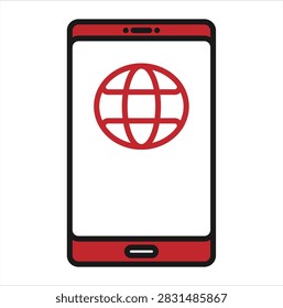 Stylized digital vector icon of a smartphone with a red frame displaying a globe symbol, representing mobile internet, global connectivity, online communication, digital technology, and worldwide networking.