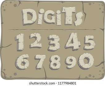 Stylized digits from the stone age with cracks, vector font