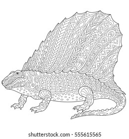 Stylized dimetrodon dinosaur, fossil reptile of the Permian period, isolated on white background. Freehand sketch for adult anti stress coloring book page with doodle and zentangle elements.