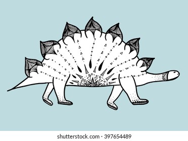Stylized dinosaur. Line art. Black and white drawing by hand.