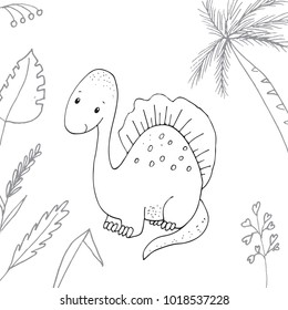 Stylized dinosaur of the middle to late Cretaceous period. Freehand sketch for anti stress coloring book page with doodle elements