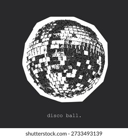 Eine stilisierte Disco-Ballgrafik mit einem Mosaik aus schwarz-weißen Facetten. Ideal für Retro-Party-Themen, Nachtleben-Branding und lebendige Wanddekoration, die Energie und Feier ruft