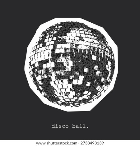 A stylized disco ball graphic featuring a mosaic of black and white facets. Ideal for retro party themes, nightlife branding, and vibrant wall decor that evokes energy and celebration