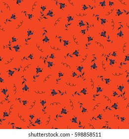 Stylized ditsy flowers in orange, gray and violet colors. Vector seamless pattern with hand drawn small flowers.