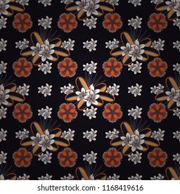 Stylized ditsy flowers in red, gray and white colors. Vector seamless pattern with hand drawn small flowers.