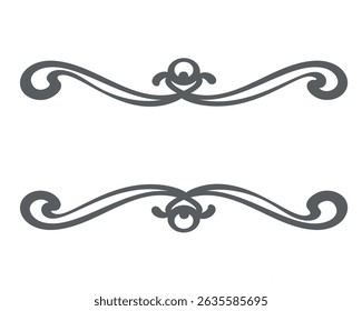 Stylized divider with floral swirl curves and rounded center motif. Elegant symmetrical doodle style. Suitable for invitations, cards, or logos. Vector illustration.