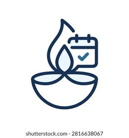 A stylized diya oil lamp with a calendar checkmark bubble symbolizing event organization for religious festivities. Ideal for holiday planning themes.