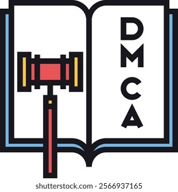 Stylized DMCA illustration highlighting copyright law, intellectual property protection, and legal enforcement in digital media